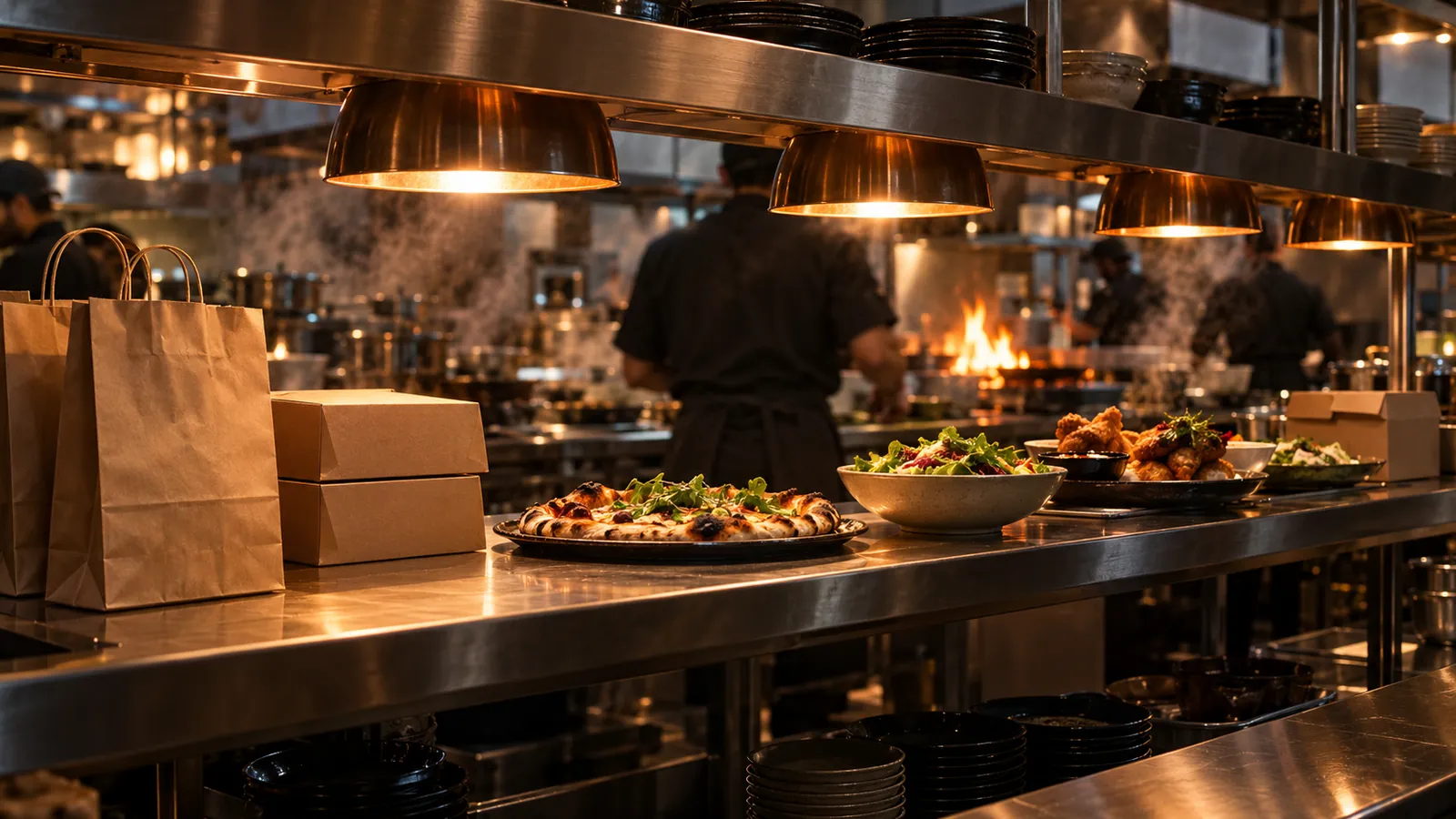 Takeout bags and plated dishes waiting under warm heat lamps at a busy kitchen pass